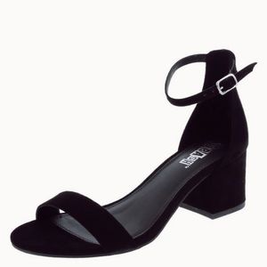 Black faux suede strapped heels